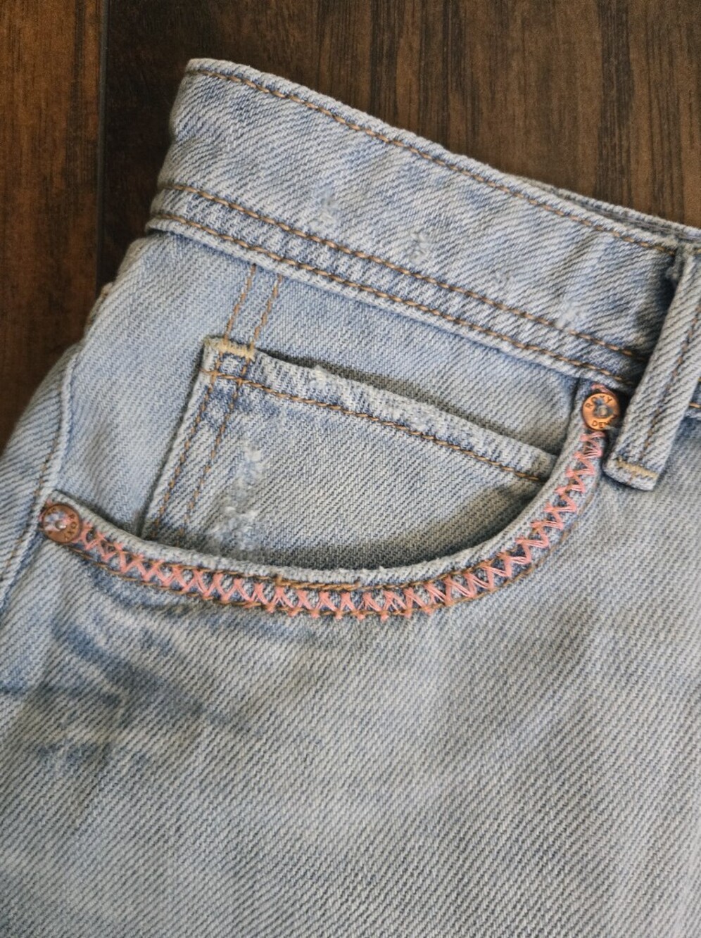 Roxy Light Wash Denim Shorts with Rainbow Pocket Stitching - Picture 2 of 5